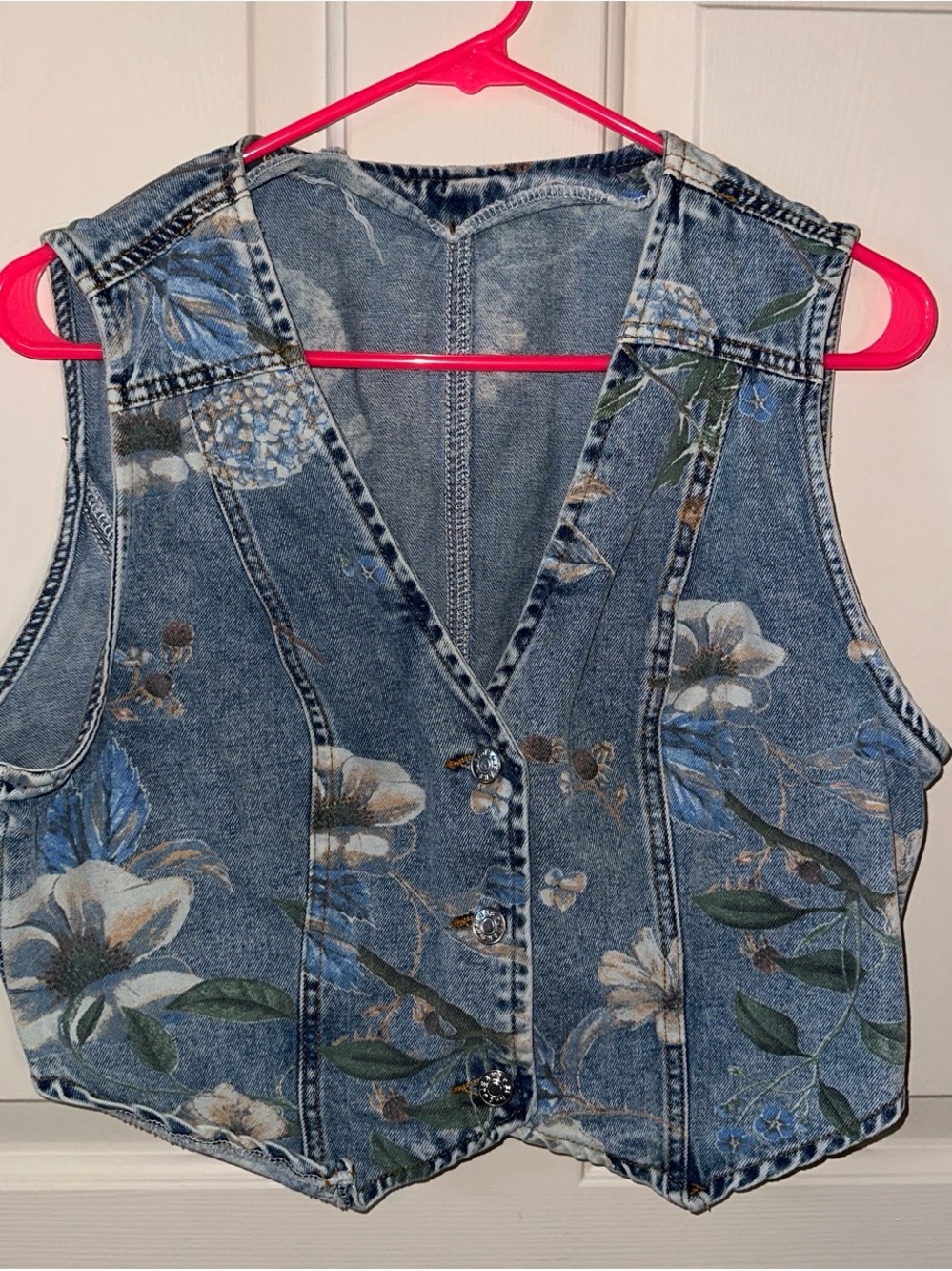 Denim Floral Button Vest in Blue